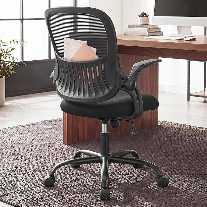 Home Office Desk Chair, Ergonomic Mid-Back Mesh Computer Task Chair with Comfortable Lumbar Support, Height Adjustable Swivel with Flip-up Armrest for Adults, Student, Black
