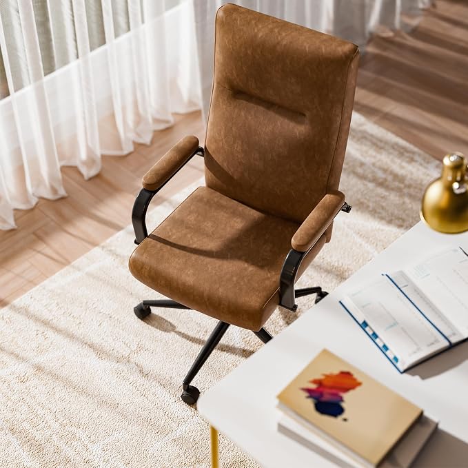 GXJ Brown Office Chair with Memory Foam Seat | 4.9'' Memory Foam Seat and 4.7'' Comfortable Backrest, High Back Leather Executive Chair with Wheels and Arms for Women
