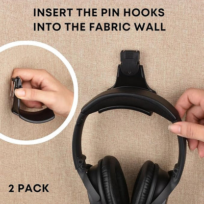 Fabric Wall Headphone Stand for Office, Cubicle Headphone Holder for Work Decor, Space-Saving Hanger Cubicle Accessories for Women Men Desk Organizer, Black (2 Pack)
