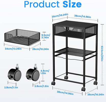 Cawukege 3 Tier Printer Stand, Mobile Table with Wheels, Printer Shelf Rolling Cart with Storage Desk Organizer Hanging File for Office Home, Black
