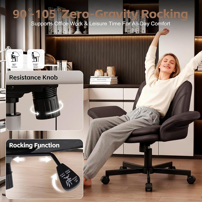 Vonesse Criss Cross Office Chair with Wheels & Armrests, Height Adjustable Vanity Chair, Makeup Chairs with Side Pockets Design, Comfortable Computer Desk Chairs for Home (PU Leather,Brown)