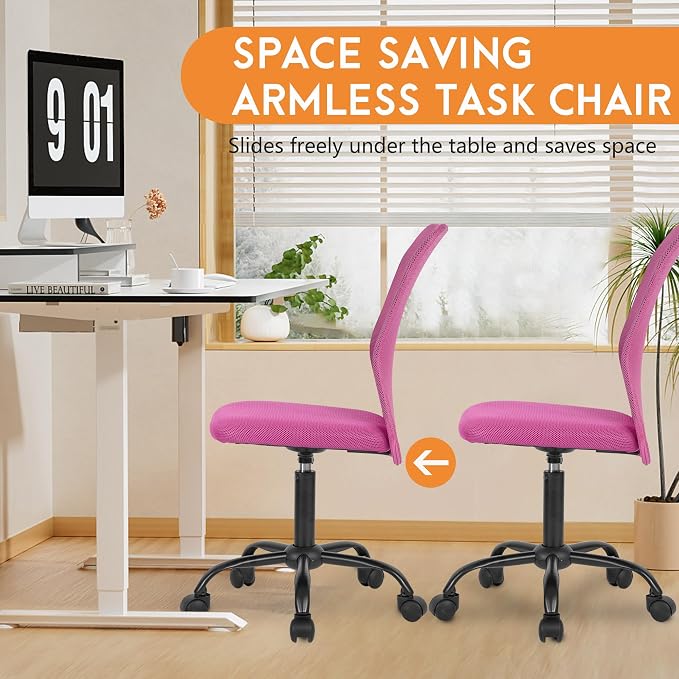 FDW Home Office Chair Mid Back Mesh Desk Chair Armless Computer Ergonomic Task Rolling Swivel Chair Back Support Adjustable Modern with Lumbar Support (Pack of 3, Pink)