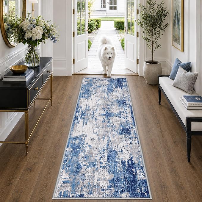 RELEANY Washable Area Rugs 2'x6' Non-Slip Modern Abstract Soft for Living Room Entryway Bedroom Kitchen, Print Pattern, Blue Grey Navy Gray