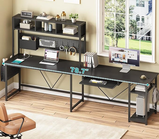 SEDETA L Shaped Gaming Desk with Hutch, 57.5” Reversible Corner Computer Desk with Storage Shelves, Gaming Desk with Pegboard, LED Lights, Power Outlet, Keyboard Tray and Storage Bag, Black