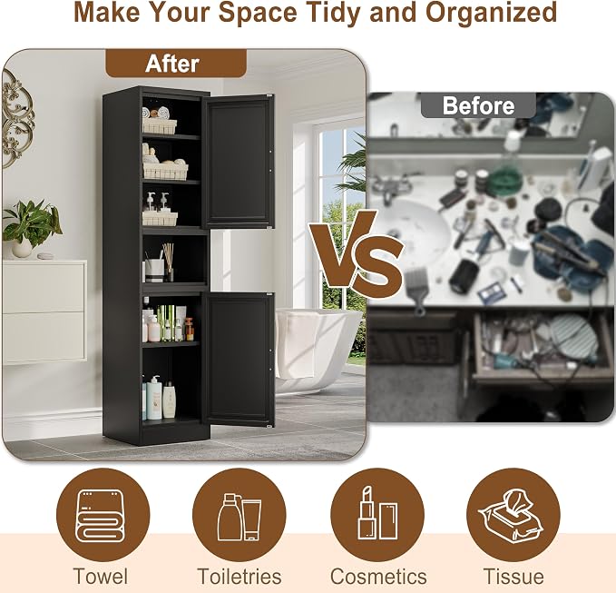 pozdeg 67" Tall Narrow Storage Cabinet Metal Bathroom Cabinet with 2 Doors & 4 Adjustable Shelves, Standing Pantry Cabinets Cupboard for Kitchen, Dining Room, Living Room and Bathroom (Black)