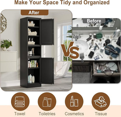 pozdeg 67" Tall Narrow Storage Cabinet Metal Bathroom Cabinet with 2 Doors & 4 Adjustable Shelves, Standing Pantry Cabinets Cupboard for Kitchen, Dining Room, Living Room and Bathroom (Black)