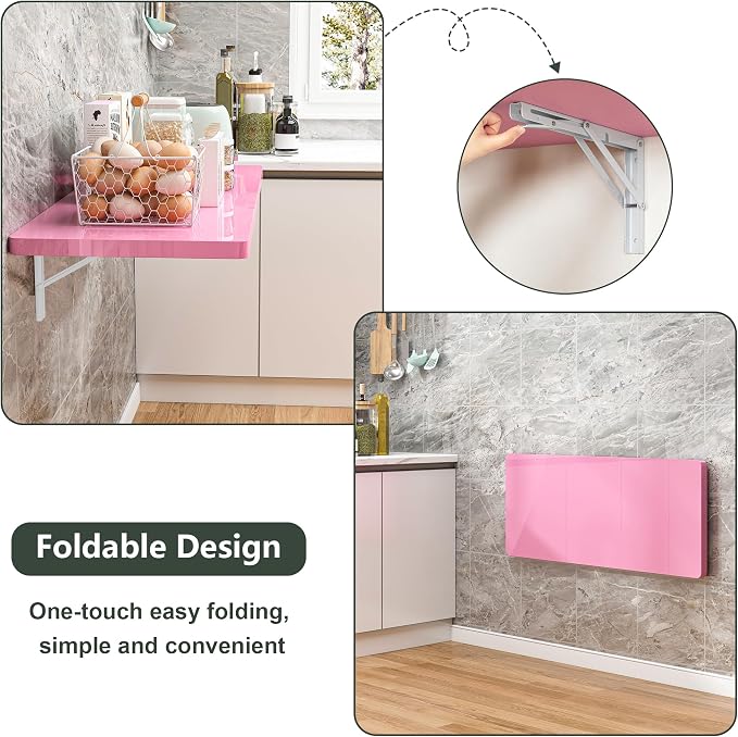 Clikuutory Wall Mounted High Gloss Folding Table, Wall Desk Fold Down for Small Spaces, Folding Workbench for Laundry Room, Home Office, Kitchen, Bedroom, Home Bar, Pink (39.4"×19.7")