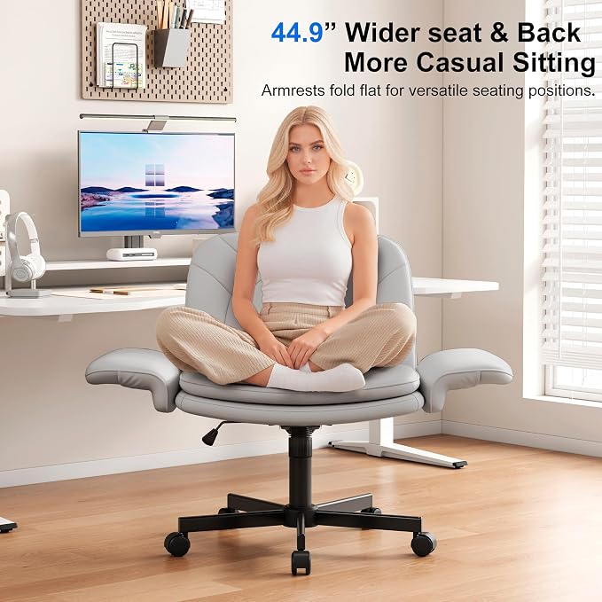 Misolant Criss Cross Chair with Armrests & Wheels for Cross-Legged Sitting, Comfortable PU Leather Vanity Chair, Office Desk Chairs with Adjustable Rocking Function, for Home, Bedroom Gray