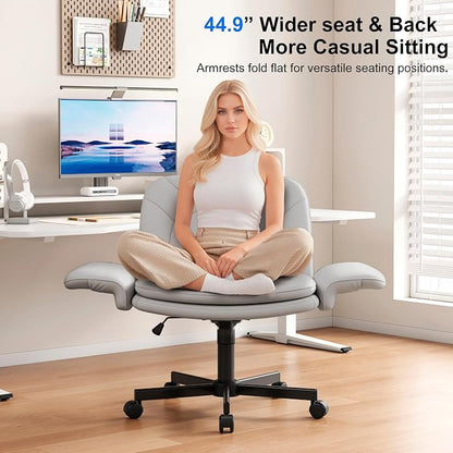 Misolant Criss Cross Chair with Armrests & Wheels for Cross-Legged Sitting, Comfortable PU Leather Vanity Chair, Office Desk Chairs with Adjustable Rocking Function, for Home, Bedroom Gray