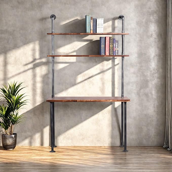 Industrial Style Office Decor,Computer Desk 47.2"×20"×79" with 2-Tier Storage Pipe Shelves,Bookshelf Laptop Desk,Studying Writing Table Workstation with Hutch for Home Ofiice