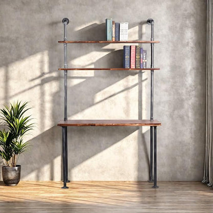 Industrial Style Office Decor,Computer Desk 47.2"×20"×79" with 2-Tier Storage Pipe Shelves,Bookshelf Laptop Desk,Studying Writing Table Workstation with Hutch for Home Ofiice