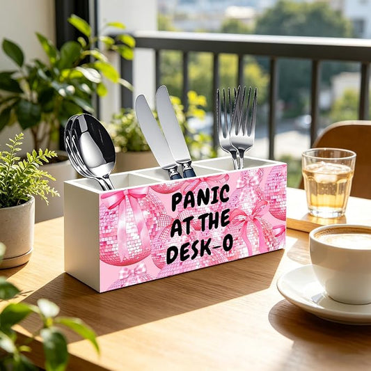 Funny Office Humor Pen Pencil Holder Organizer, Pink Office Desks Decor Accessories, Panic at the Desk-o Funky Y2K Pink Disco Ball Wood Signs for Cubicle Workplace Desk Tabletop Decor