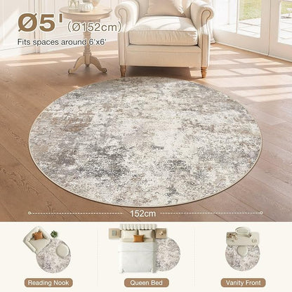 UERMEI 5ft Round Area Rug Living Room Rugs - 5x5 Washable Neutral Modern Abstract Soft Thin Rug Indoor Floor No Slip Rug Carpet for Bedroom Under Dining Table Home Office Decor - Brown Grey