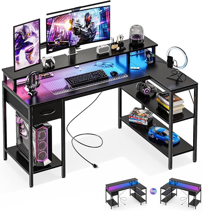 DUMOS 53" Gaming Desk with USB Charging Ports & LED Lights, Reversible L-Shaped Corner Computer Table for Small Spaces, Power Outlets, Monitor Stand & Storage Shelves Included, Black