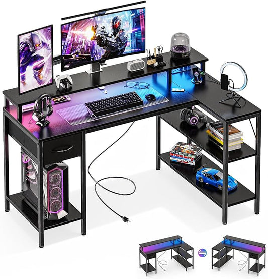 DUMOS 53" Gaming Desk with USB Charging Ports & LED Lights, Reversible L-Shaped Corner Computer Table for Small Spaces, Power Outlets, Monitor Stand & Storage Shelves Included, Black