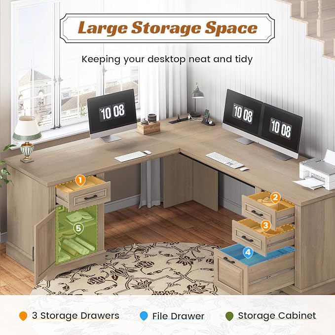 SEDETA Farmhouse 69" Executive L Shaped Desk, Corner Computer Desk with Storage Drawers and Power Outlet, Home Office Desk with File Drawer for Home Office, Oak