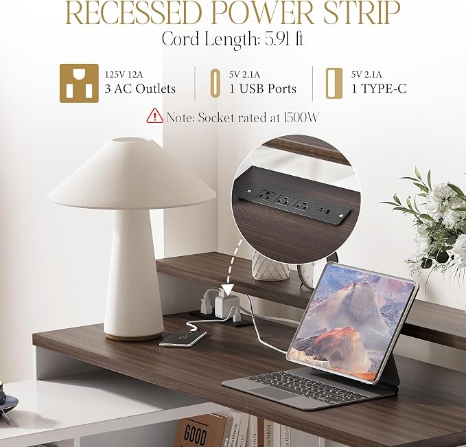 67" L Shaped Executive Desk with Drawers & Storage Shelf, Corner Computer Desk with Power Outlets, Home Office Desk with Monitor Stand, Printer Shelf, Computer Writing Desk for Work, Antique White