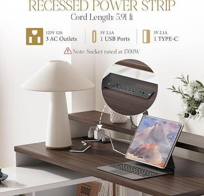 67" L Shaped Executive Desk with Drawers & Storage Shelf, Corner Computer Desk with Power Outlets, Home Office Desk with Monitor Stand, Printer Shelf, Computer Writing Desk for Work, Antique White