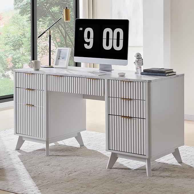 T4TREAM 60'' Fluted Executive Desk with Drawers, Modern Home Office Computer Desk with Charging Station, Keyboard Tray, File Drawer and Storage Cabinet for Study, Living Room, Bedroom, Solid White
