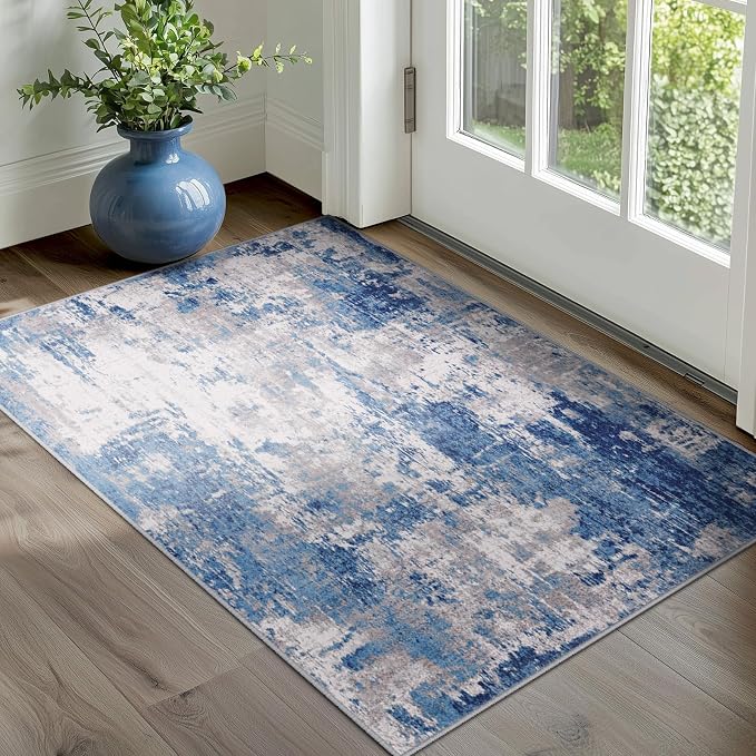 RELEANY Washable Area Rugs 4'x5' Non-Slip Modern Abstract Soft for Living Room Entryway Bedroom Kitchen, Print Pattern, Blue Grey Navy Gray