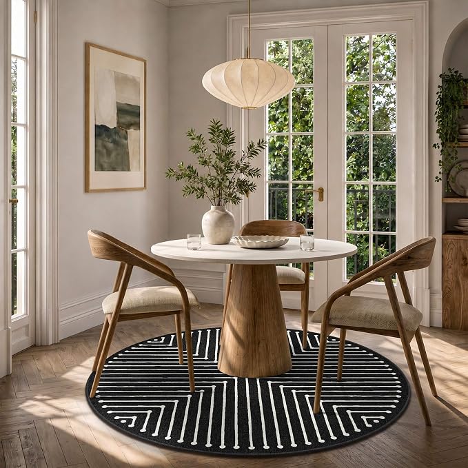 Latte&Fog Round Rug Washable Modern Non Slip Circle Area Rug (4ft Round) | For Living Room Bedroom Dining Room Entrance and Hallway, Washable, Non Slip, Modern Style, Low Pile, Indigo Black 4ft Round