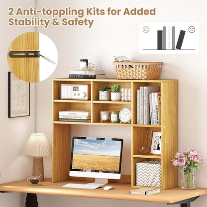 GOFLAME 7 Cubes Desktop Bookshelf, 37” Desk Organizer Shelf with 3 Adjustable Shelves, 3-Tier Wood Countertop Display Rack, Multipurpose Tabletop Desk Hutch for Dorm, Home Office, Burlywood