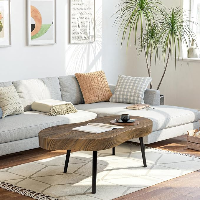 Small Irregular Coffee Table Thick Top Cloud Table for Living Room Modern Industrial Coffee Table Wooden Funky Coffee Tables for Small Space Home Office Easy Assembly Rustic Brown