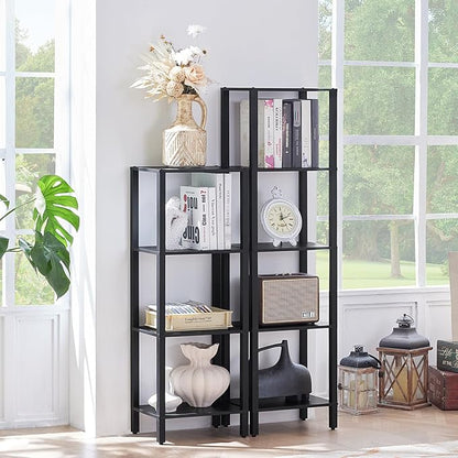 YUFAM 4 Tier Tall Wooden Bookshelf with Storage - Small Bookcase for Small Spaces, Shelf for Living Room, Office, Bedroom, Kitchen - Industrial Modern Black Book Shelf