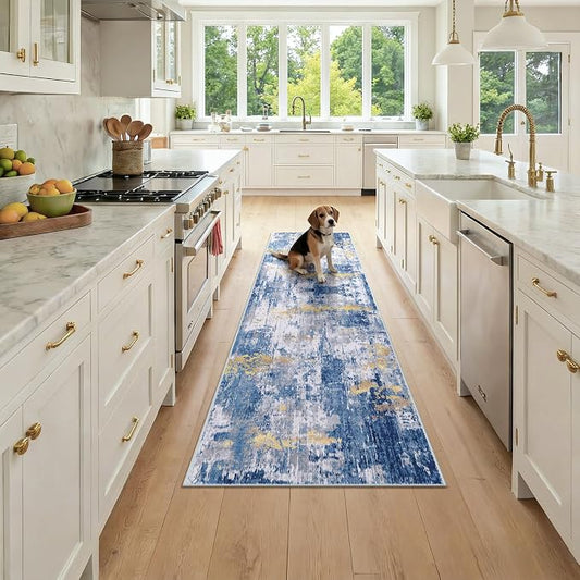 RELEANY Washable Area Rugs 2x7 Non-Slip Modern Abstract Soft for Living Room Entryway Bedroom Kitchen, Print Pattern, Grey Blue Gold/Golden