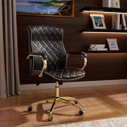 HomeZeer Black and Gold Office Chair, Luxury Leather Executive Desk Chair | Elegant Timeless Appeal, Vintage Mid Back Styling with Wheels and Padded Arms, Thick High Density Foam Comfort