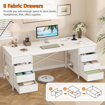 YOMILUVE 60 Inch Computer Desk with 8 Drawers, Home Office Desk with Power Outlets, Work Study Gaming Desk with 8 Fabric Drawers
