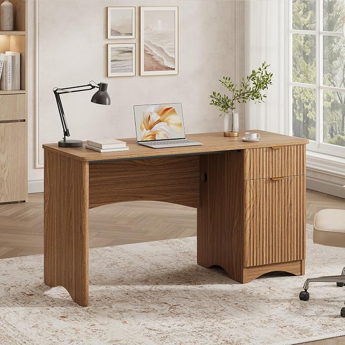 Bestier Computer Desk with Drawer, 47 inch Office Desk with Storage Cabinet, Modern Wood Desk Adjustable Shelves for Home Office Bedroom Study, Brown Oak