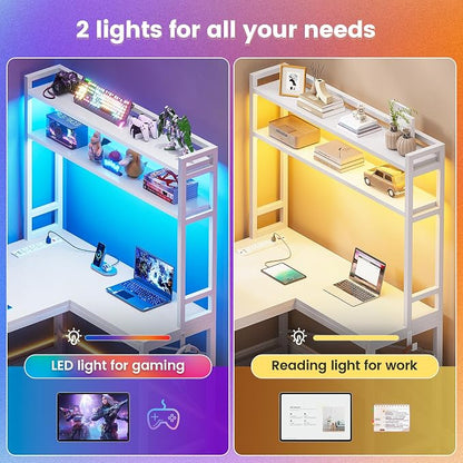SEDETA White Corner Desk, Reversible 45.3” Small Computer Desk with Power Outlet and LED Lights, Corner Computer Desk with Hutch, Storage Shelves and Hooks for Small Space