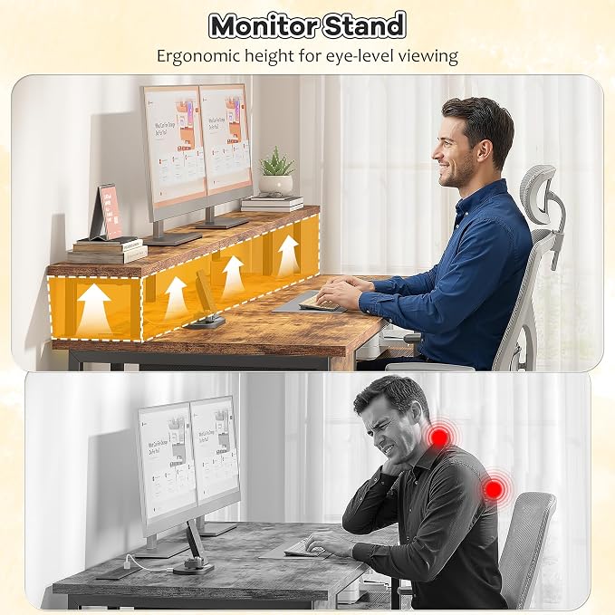 Computer Desk with 55" Long Monitor Stand and 18" Ample Printer Space, Home Office Desk With RGB Lights and 3 AC Power Outlets, Zoned Storage Drawer and File Shelves, Study Desk, Writing Desk, Brown