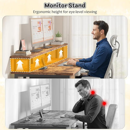 Computer Desk with 55" Long Monitor Stand and 18" Ample Printer Space, Home Office Desk With RGB Lights and 3 AC Power Outlets, Zoned Storage Drawer and File Shelves, Study Desk, Writing Desk, Brown