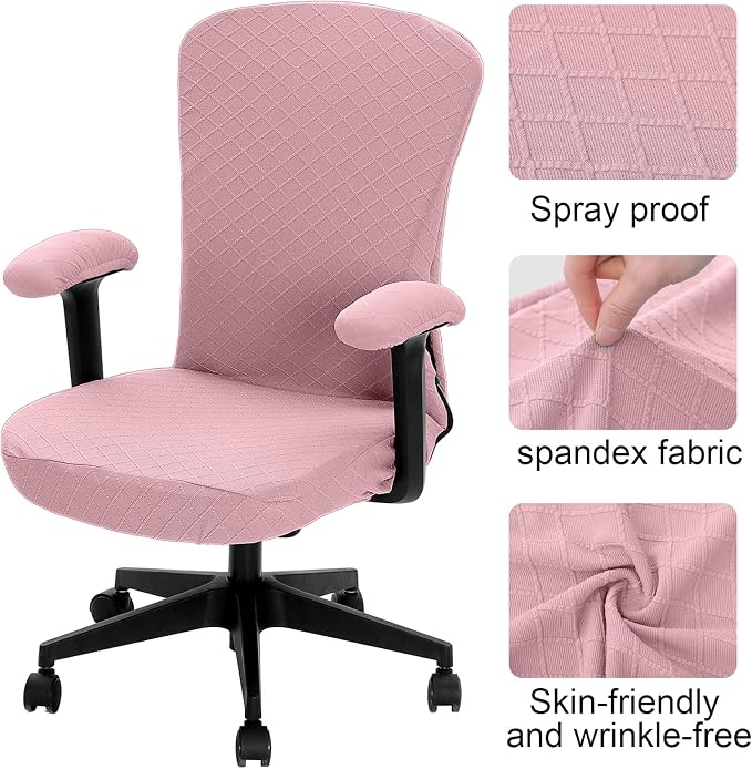 Tatuo 3 Pcs Computer Office Chair Cover Universal Rotating Chair Slipcovers Protector Removable Washable Office Armrest Covers with Zipper for High Back Seat Backrest (M,Argyle,Pink)