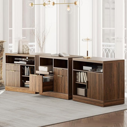3 Drawer File Cabinet, Fluted Wood Lateral Filing Cabinet with Charging Station for Home Office, Fits for A4/Letter-Sized Files, Printer Stand with Open Storage Shelves, Black Walnut