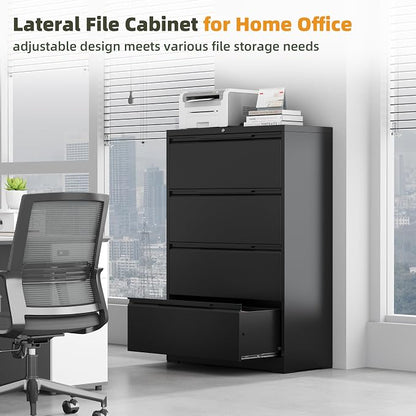 Lateral File Cabinet, 4 Drawer Lateral File Cabinet with Lock, Metal Lateral Filing Cabinet for Home Office, Office Organization Cabinet for Letter/Legal/F4/A4 Size
