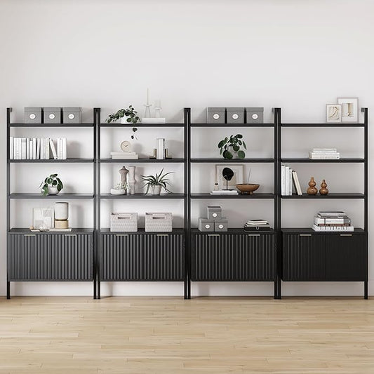 Nathan James Jasper 3-Shelf Solid Wood Boho Bookshelf, Wall Mounted Bookshelf with Cabinet with Fluted Doors, Black Oak, Set of 4