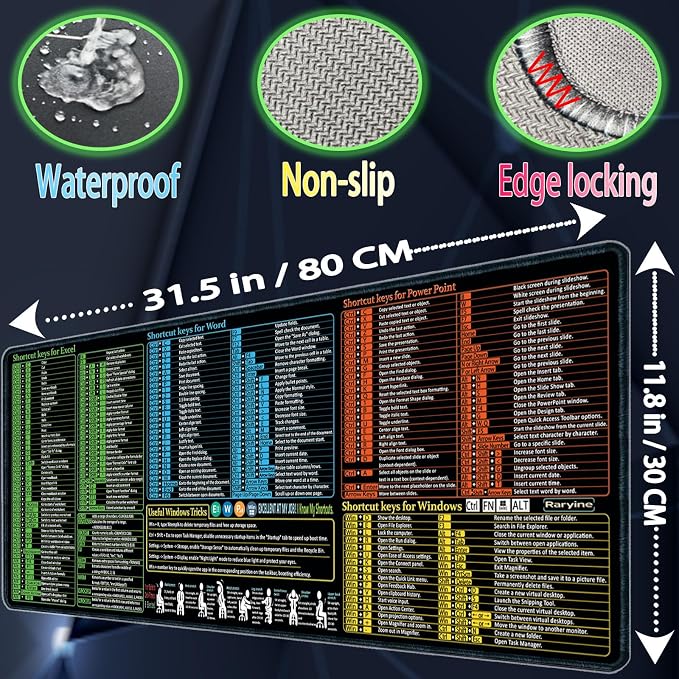 Excel/Word/Power Point/Windows Mouse pad,Non-Slip&Waterproof Large Gaming Office pc Desk mat(XL 31.5 x 11.8 in),Over 200 Keyboard Shortcuts Mousepad