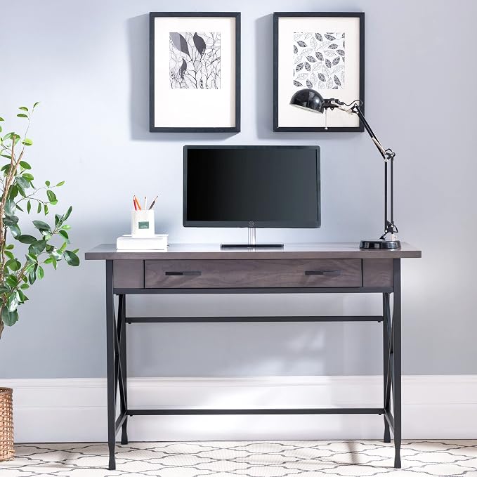 Leick Home 23400 Chisel & Forge Writing Computer Desk with Drop Front Keyboard Drawer, Smoke Gray and Matte Black