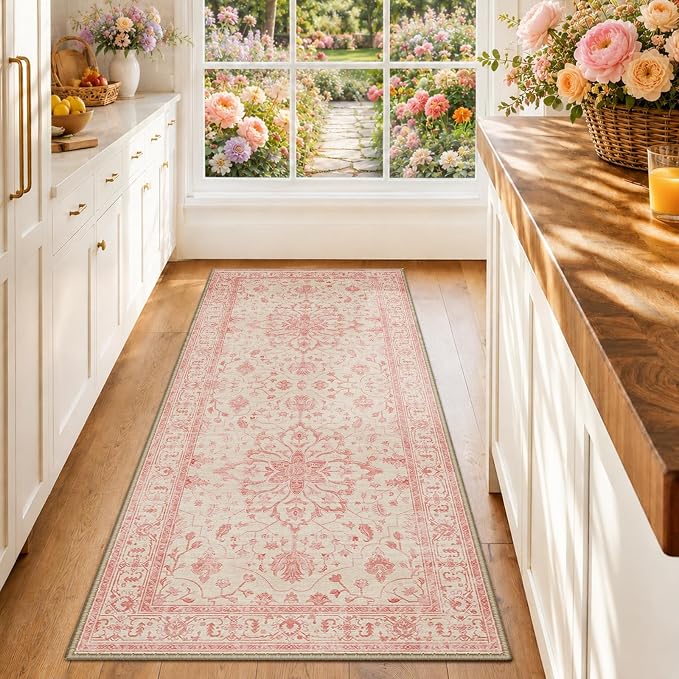RELEANY Area Rugs Runner 2'x6' Washable Non-Slip, Floral Vintage Distress Medallion Carpet for Kitchen Hallway Bedroom Beside Laundry Room Bathroom, Pink Light Vintage Pink
