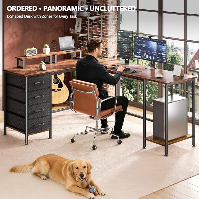 Korfile 66" L Shaped Computer Desk with Power Outlets, Home Office Desk with 4 Adjustable Storage Drawers & 2 Monitor Stands, Large Two Person Gaming Table for Writing Study, Rustic Brown