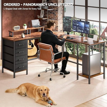 Korfile 66" L Shaped Computer Desk with Power Outlets, Home Office Desk with 4 Adjustable Storage Drawers & 2 Monitor Stands, Large Two Person Gaming Table for Writing Study, Rustic Brown