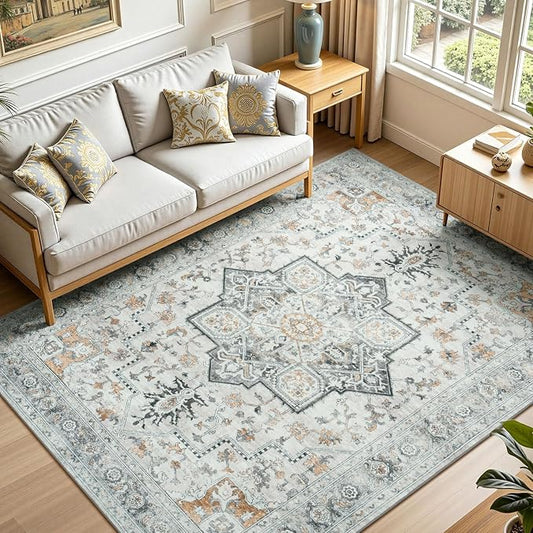 Lofus 5x7 Washable Rugs Non-Slip, Vintage Floral Area Rug for Living Room Bedroom Dining Room Kitchen, Low Pile Distress Print Carpet Home Decor Rug, Octagram Medallion Grey Beige