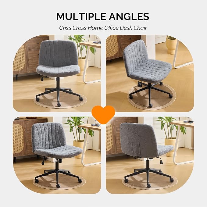 VINGLI Criss Cross Legged Chair,Wide Comfy Office Desk Chair,Dual-Use with/no Wheels Computer Task Chair,Swivel Armless Vanity Boucle Chair for Study,Make Up,Home Office,Teddy Fleece,Dark Grey