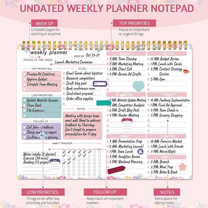 Weekly To Do List Notepad, 8.5''x11'' Weekly Desk Planners with 52 Tear Off Sheets Undated Planner Habit Tracker & Productivity Organizer for Home and Work, Floral
