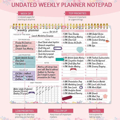 Weekly To Do List Notepad, 8.5''x11'' Weekly Desk Planners with 52 Tear Off Sheets Undated Planner Habit Tracker & Productivity Organizer for Home and Work, Floral