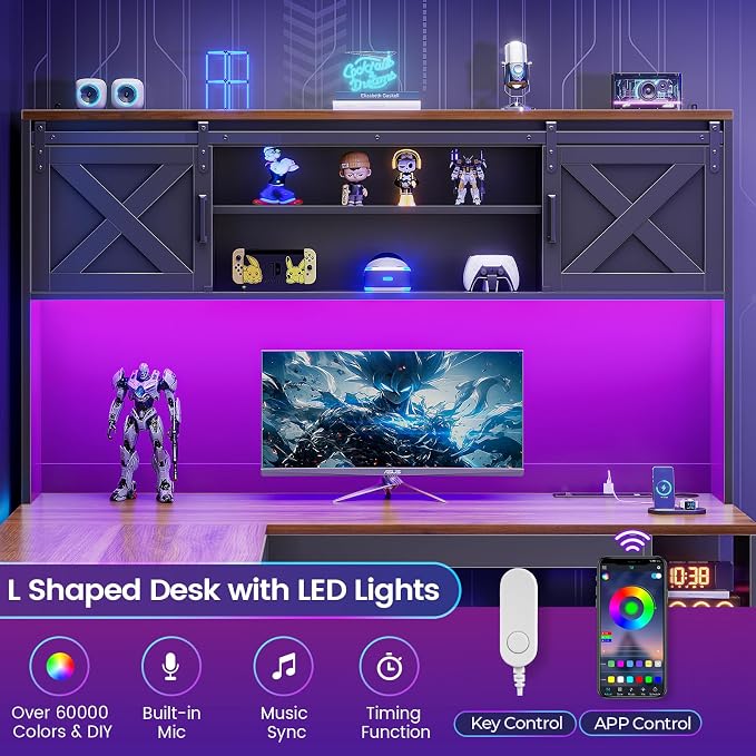 SEDETA 67" Farmhouse L Shaped Desk with Hutch, Home Office Desks with Drawers & Sliding Doors, Corner Computer Desk with Storage Shelves & Power Outlets, Executive Desk with LED Lights, Black+Brown
