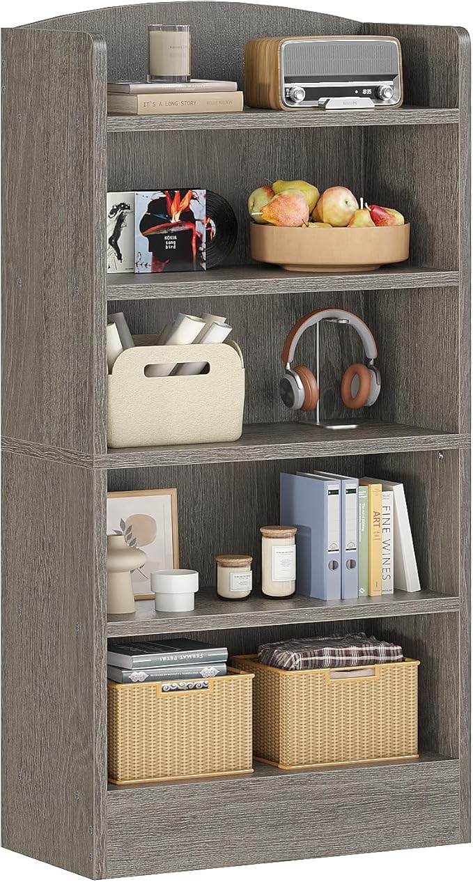 ALISENED 5-Tier Bookcase, Open Bookshelves and Bookcases with Storage Shelves, Floor Standing Unit, Display Storage Shelves for Bedroom Library Living Room Home Office, Gray